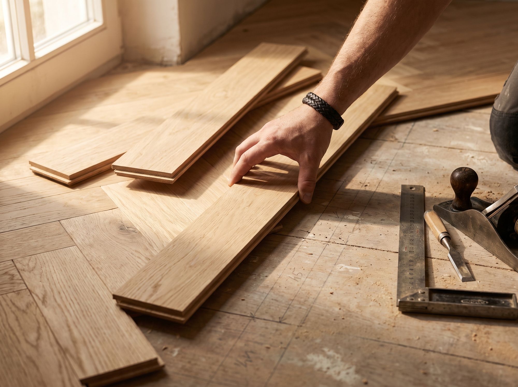 Handwerker verlegt Eichenparkett in einem Altbau