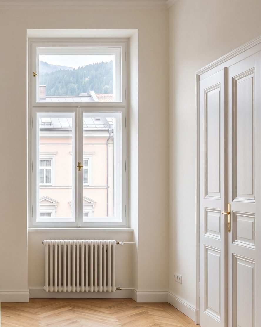 Altbauzimmer mit Bergblick: links vor der Sanierung, rechts danach