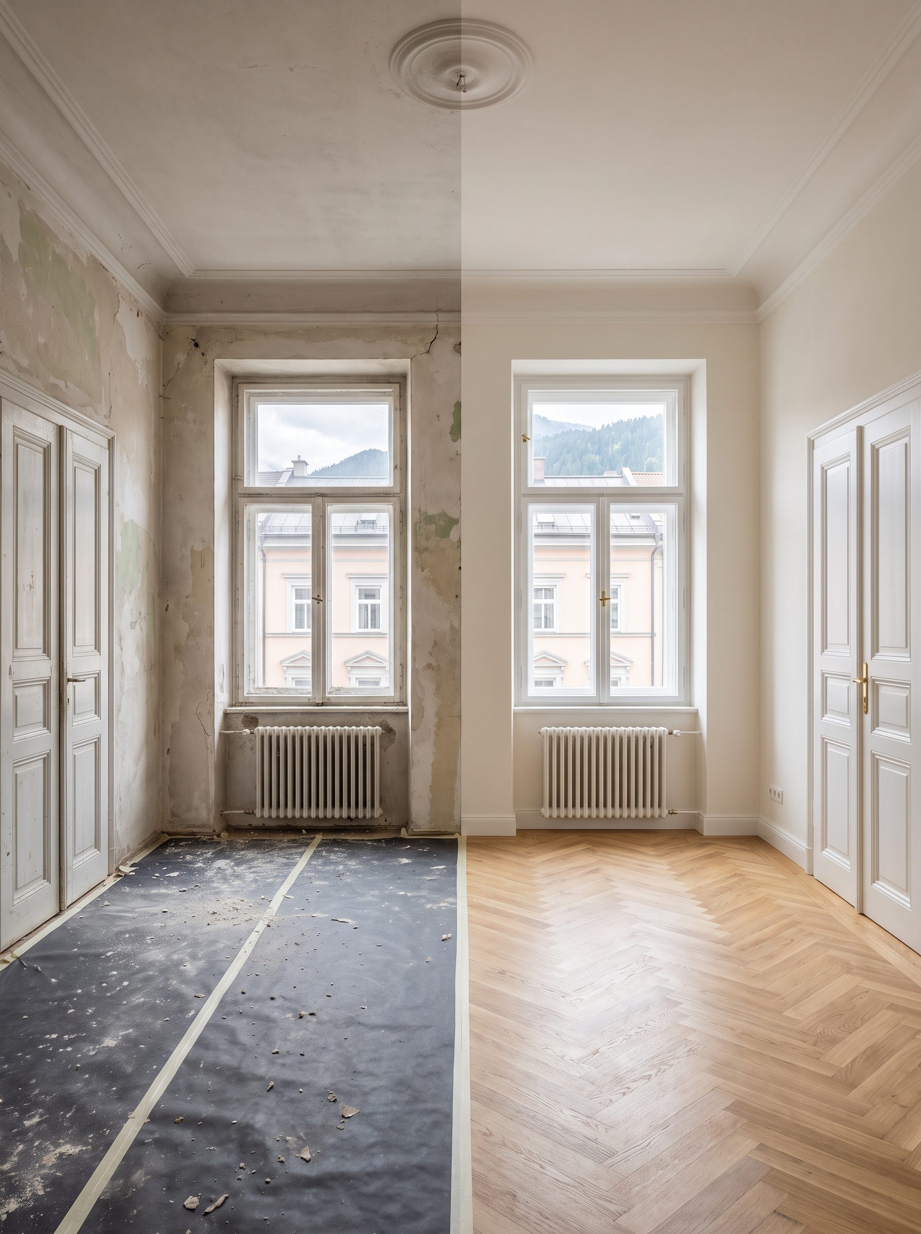 Altbauzimmer mit Bergblick: links vor der Sanierung, rechts danach